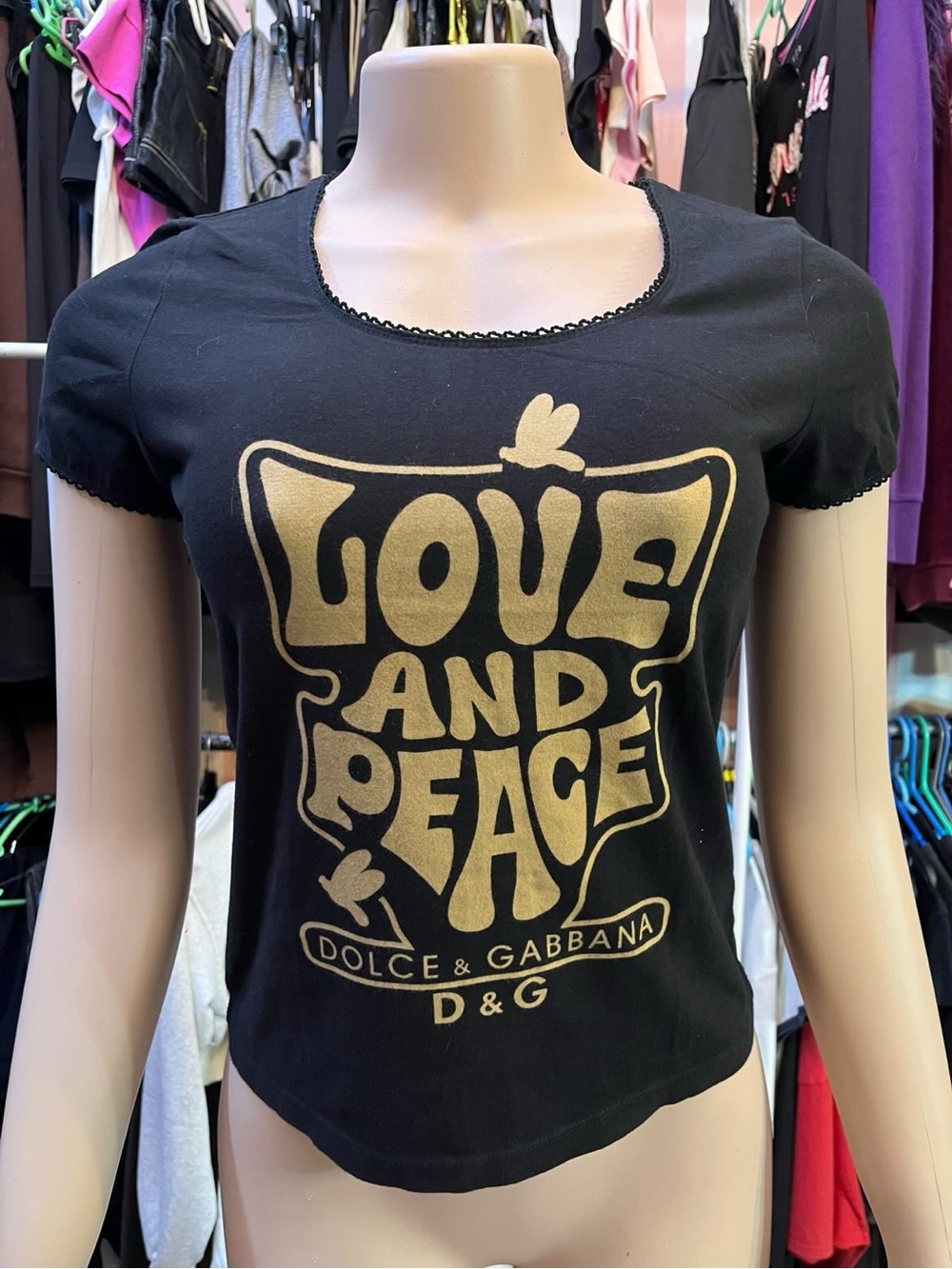D&G Black Tee with Gold "Love and Peace" Graphic